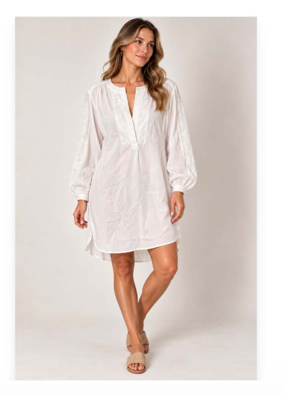 Banana Republic Dress Womens XL White Embroidered V Neck Long Sleeve